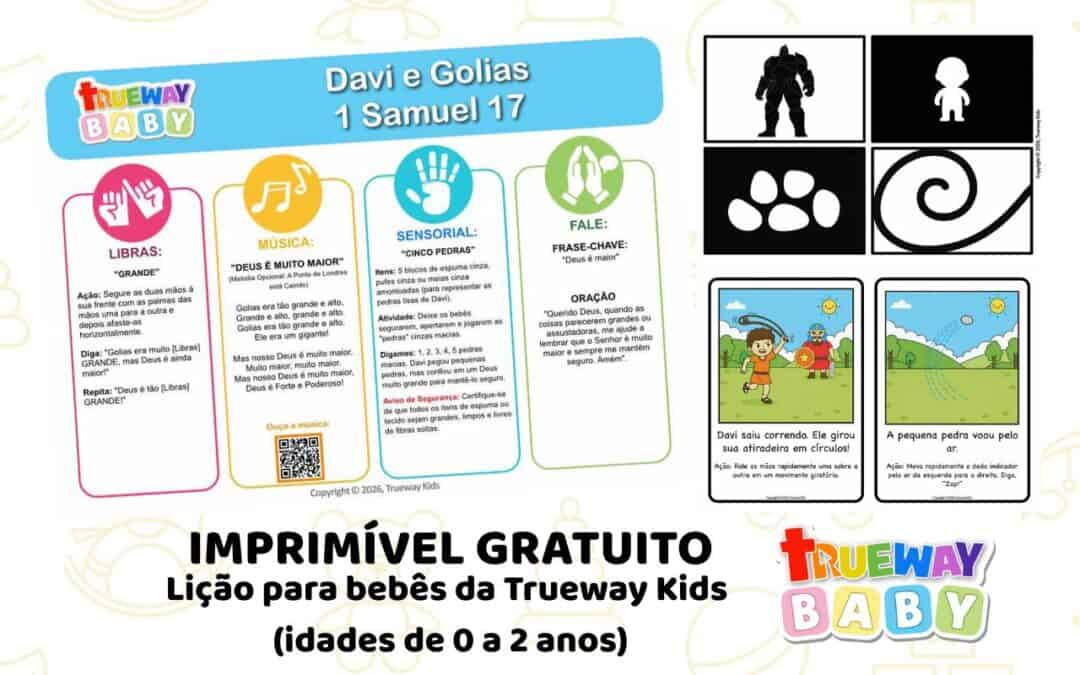Lição bíblica gratuita sobre Davi e Golias em 1 Samuel 17, com música, Libras, atividade sensorial com cinco pedras e folha para os pais.