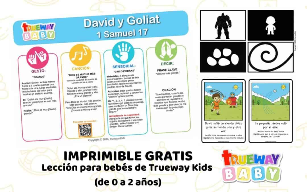 Lección bíblica gratuita sobre David y Goliat en 1 Samuel 17, con canción, gesto, cinco piedras sensoriales, tarjetas visuales y hoja para padres.