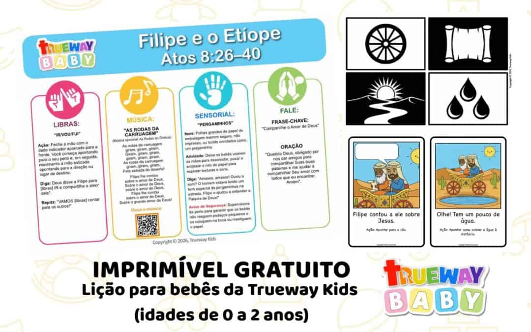 Lição bíblica gratuita sobre Filipe e o Etíope em Atos 8:26–40 para bebês, com música, Libras, pergaminhos sensoriais e cartões visuais.