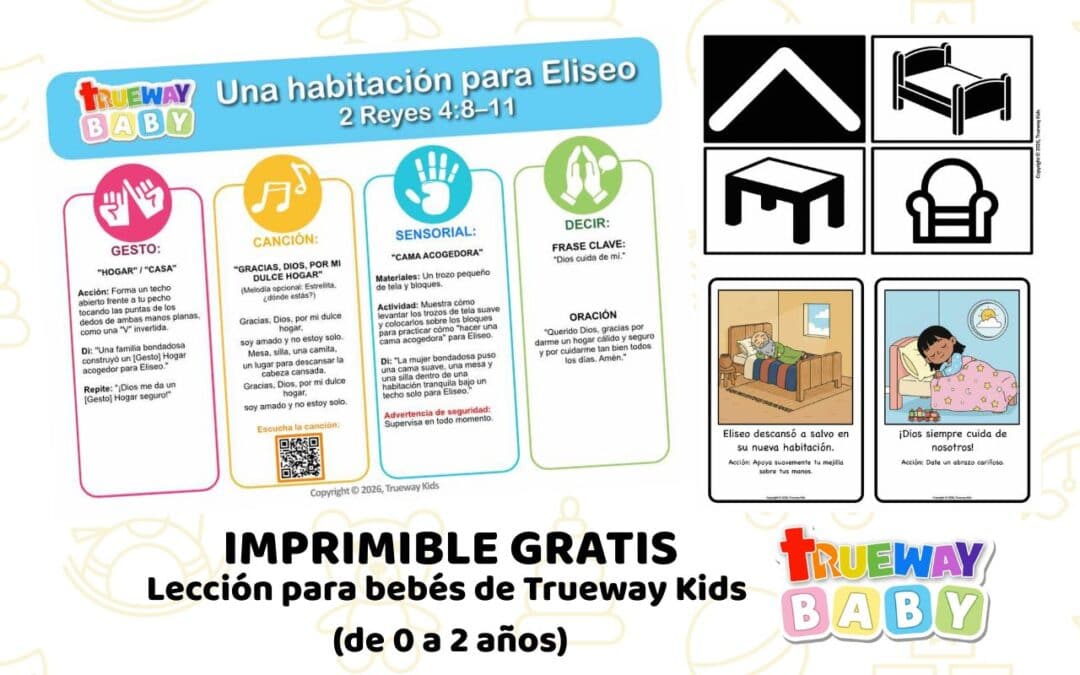 Lección bíblica gratuita sobre Una Habitación para Eliseo en 2 Reyes 4:8–11, con canción, gesto de Hogar, Cama Acogedora y tarjetas visuales.