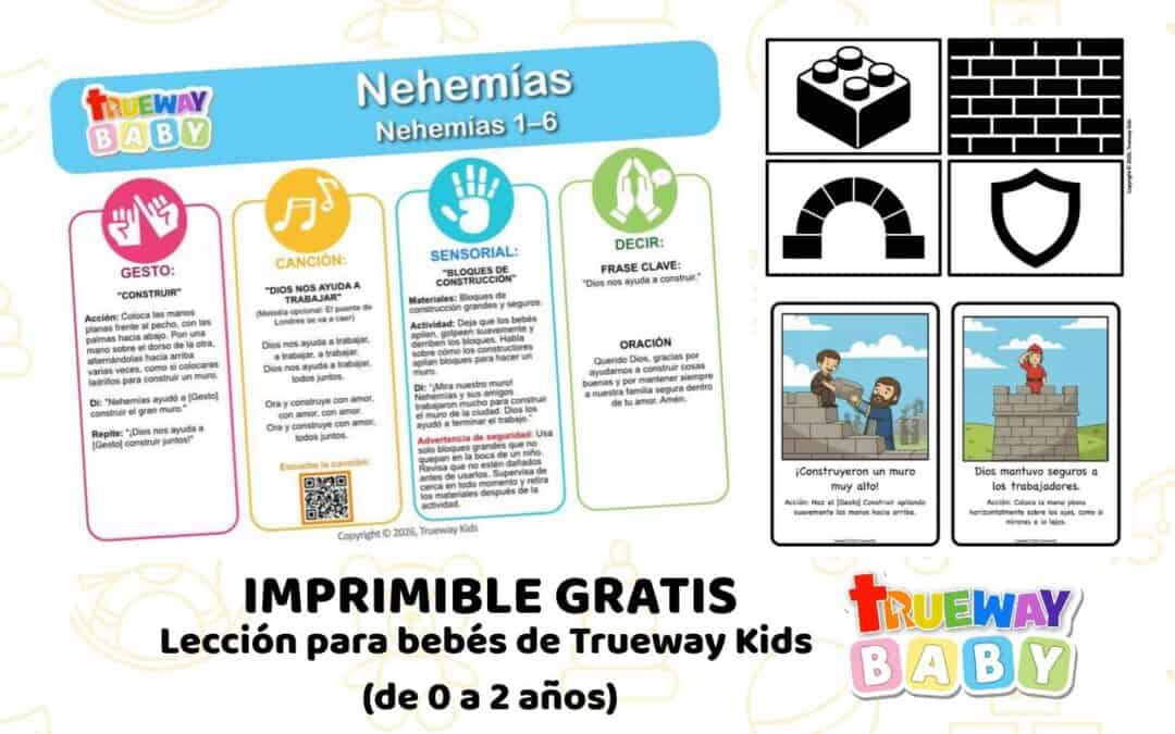 Lección bíblica gratuita sobre Nehemías en Nehemías 1–6, con canción, gesto de Construir, bloques sensoriales, tarjetas visuales y hoja para padres.