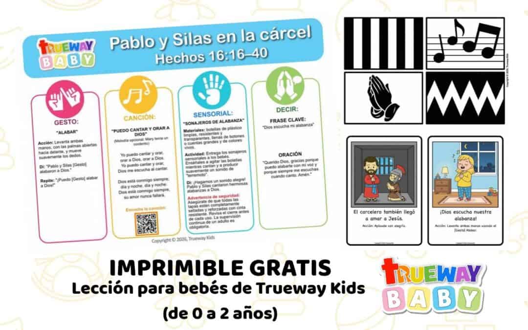 Lección bíblica gratuita sobre Pablo y Silas en la cárcel en Hechos 16:16–40, con canción, gesto de Alabar, sonajeros sensoriales y tarjetas visuales