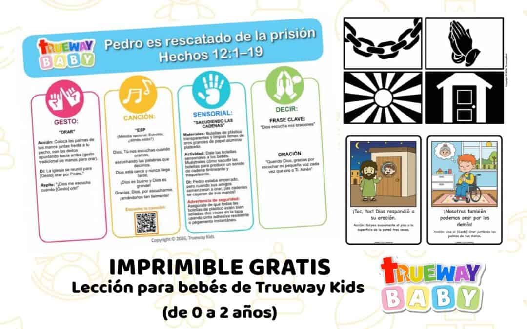 Lección bíblica gratuita sobre Pedro rescatado de la prisión en Hechos 12:1–19, con canción, gesto de Orar, juego sensorial con cadenas y tarjetas visuales.